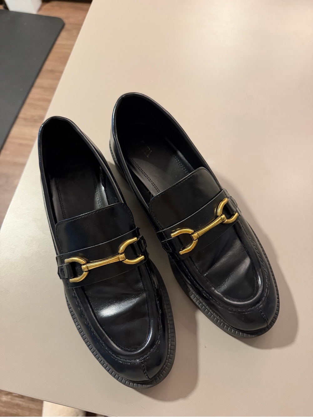 Zara Black Leather Loafers with Gold Bit